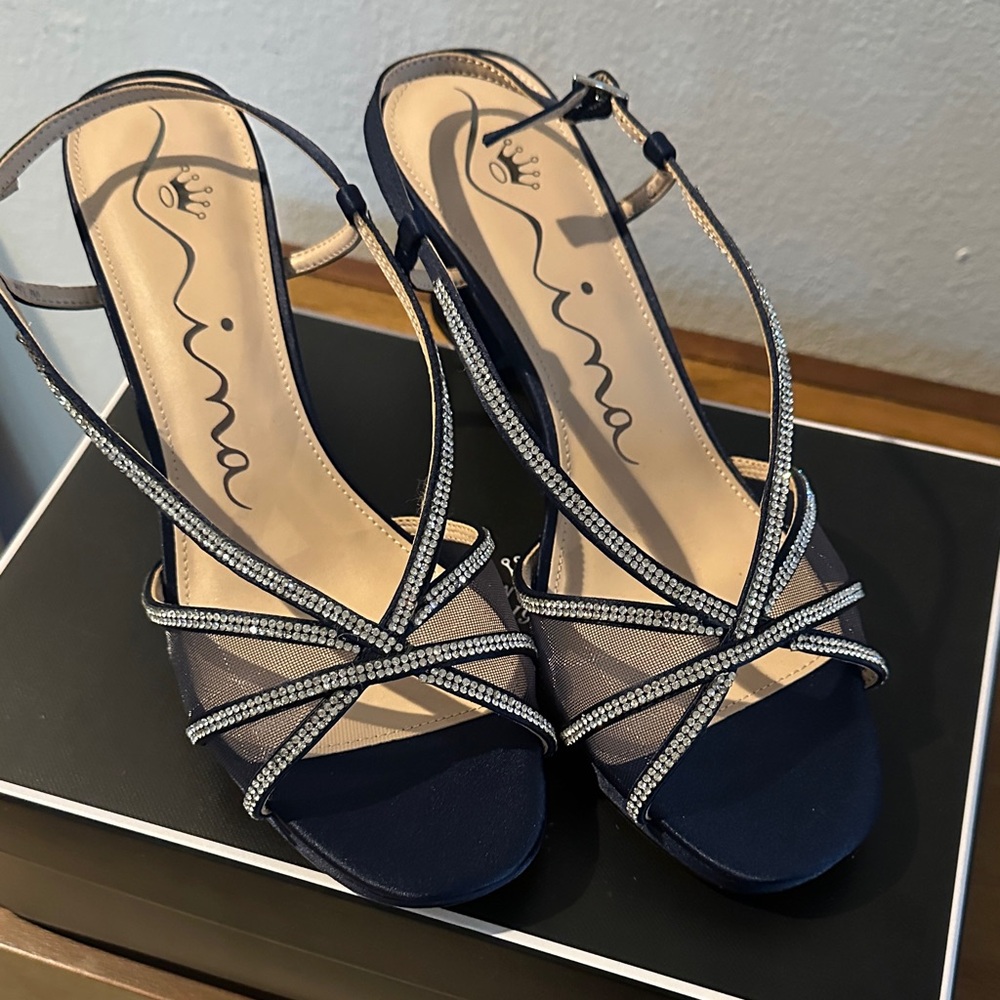 Nina Navy Rhinestone Strappy Slingback Heels